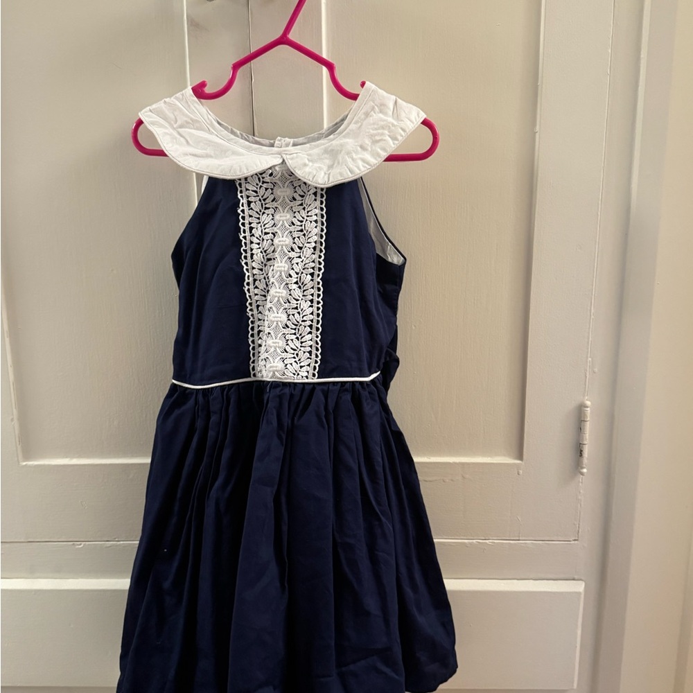 Navy Girls' Dress with White Peter Pan Collar and Lace Panel